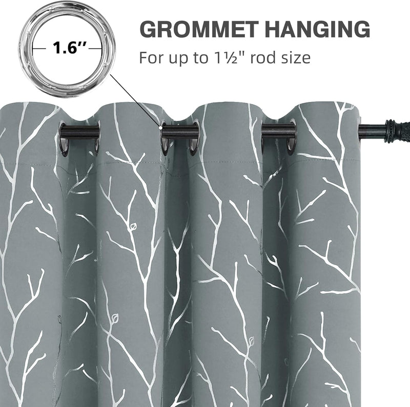 Blackout Curtains Silver Foil Print Tree Branches Grommet Drapes, Room Darkening Thermal Insulated Curtains, Noise Reducing Blackout Curtain for Bedroom, Light Grey, 52Wx63L, 2 Panels