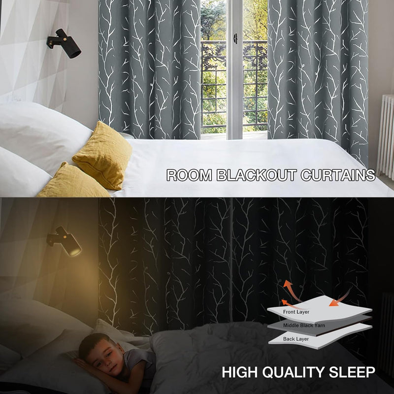 Blackout Curtains Silver Foil Print Tree Branches Grommet Drapes, Room Darkening Thermal Insulated Curtains, Noise Reducing Blackout Curtain for Bedroom, Light Grey, 52Wx63L, 2 Panels