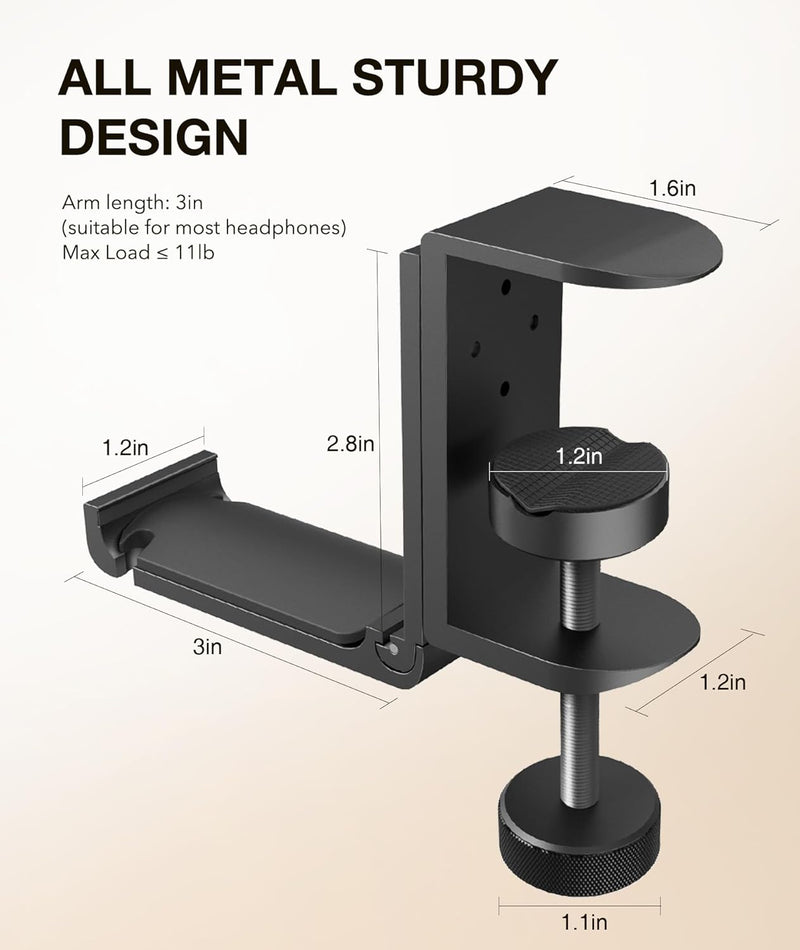 Headphone Hook Desk, Headphones Stand under Table Foldable Headset Holder Clamp Hanger Mount, Built in Cable Clip Organizer for PC Gaming, Office, Backpack Bag Purse Hanging