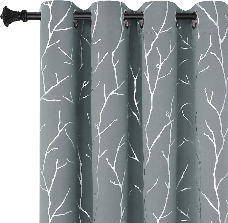 Blackout Curtains Silver Foil Print Tree Branches Grommet Drapes, Room Darkening Thermal Insulated Curtains, Noise Reducing Blackout Curtain for Bedroom, Light Grey, 52Wx63L, 2 Panels