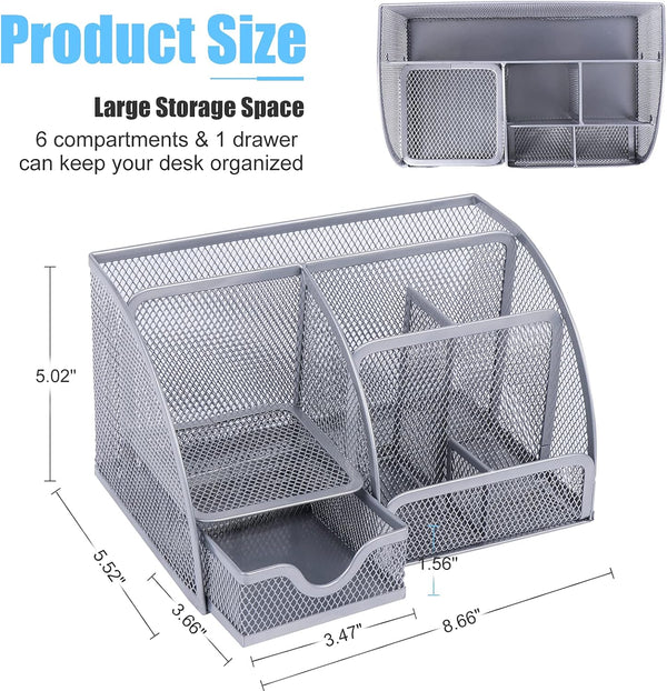 Desk Organizer Office Accessories, Multi-Functional Mesh Desk Organizer with 6 Compartments and 1 Drawer for Home, Office, School, Workshop, Kitchen (Silver)