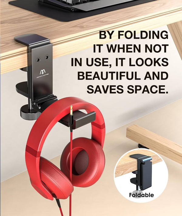 Headphone Hook Desk, Headphones Stand under Table Foldable Headset Holder Clamp Hanger Mount, Built in Cable Clip Organizer for PC Gaming, Office, Backpack Bag Purse Hanging