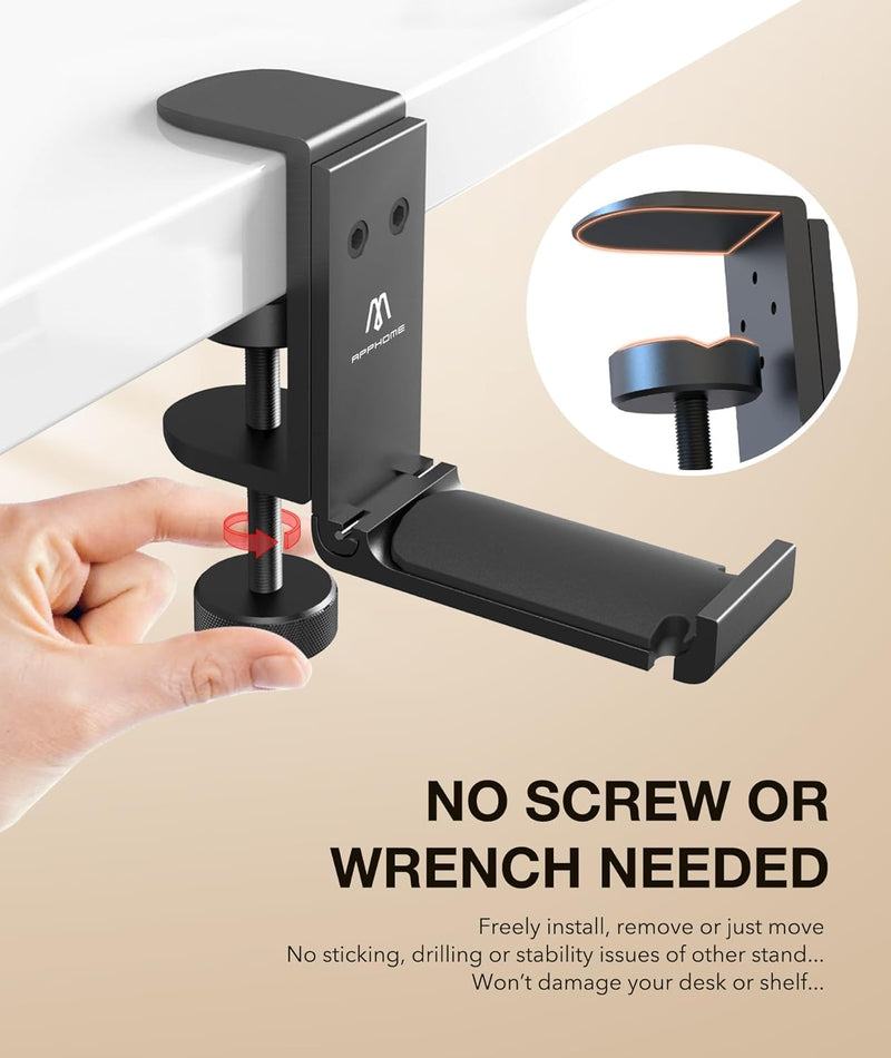 Headphone Hook Desk, Headphones Stand under Table Foldable Headset Holder Clamp Hanger Mount, Built in Cable Clip Organizer for PC Gaming, Office, Backpack Bag Purse Hanging