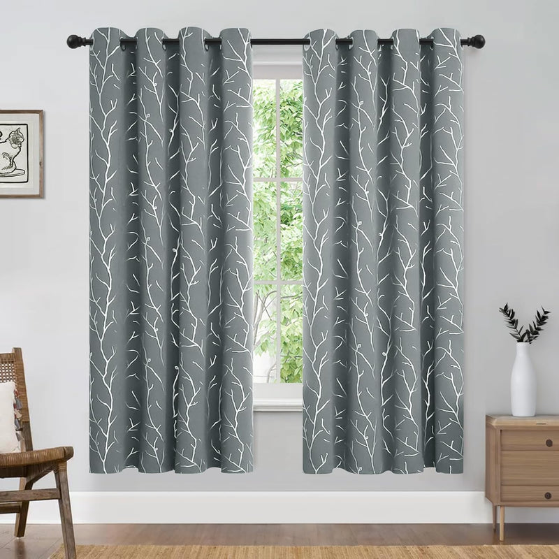 Blackout Curtains Silver Foil Print Tree Branches Grommet Drapes, Room Darkening Thermal Insulated Curtains, Noise Reducing Blackout Curtain for Bedroom, Light Grey, 52Wx63L, 2 Panels